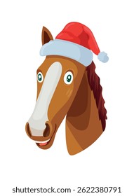 Horse in Santa Claus hat, Year of the Horse. Flat vector, clipart illustration isolated on white background.