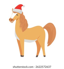 Horse in Santa Claus hat, Year of the Horse. Flat vector, clipart illustration isolated on white background.