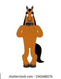 Horse scared OMG emotion. Steed Oh my God emoji. Frightened hoss. Vector illustration