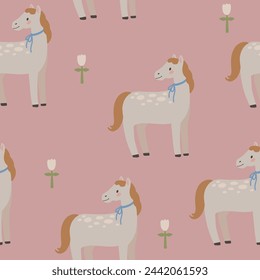 Horse seamless pattern hand drawn cute kids background vintage retro pallete