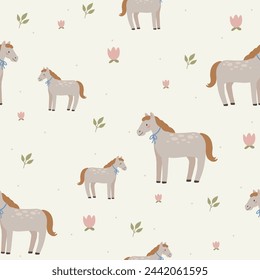 Horse seamless pattern hand drawn cute kids background vintage retro pallete