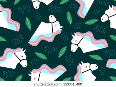 Horse seamless pattern with leaves greenery colorful background. Vector illustration for kids and baby apparel fashion textile print.