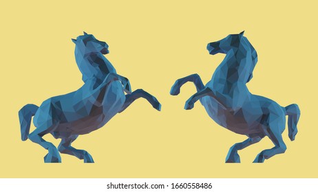 Horse. Set of Blue Horses on Yellow Background. Low Poly Vector 3D Rendering