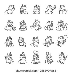 Horse set with cute kawaii cartoon characters showing different emotions and activities, holding objects, wearing accessories, and interacting in various fun and expressive charming poses