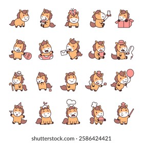 Horse set with cute kawaii cartoon characters showing different emotions and activities, holding objects, wearing accessories, and interacting in various fun and expressive charming poses