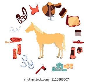 Horse Set, Equestrian Ammunition, Ammunition, Horseback Riding, Equestrian Sport, Horse Racing, Speed. Horse, Gallop, Lynx. Modern Vector Flat Design Image Isolated On White Background.