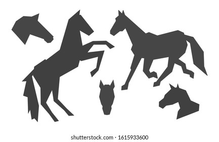 Horse set silhouette. Head and torso mustang shape. Vector illustration, isolated