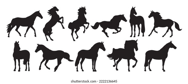 Horse set silhouettes stencil template for cutting programs, packaging, design