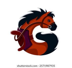 Horse shaped letter G featuring bold mane, bridle and saddle. Wild West cartoon vector font merges typography and animal imagery. Cowboy, equestrian, wild west typeface, western type, English alphabet