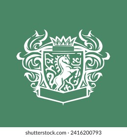 Vector de icono Escudo de Caballo con fondo verde, diseño de logotipo de cabeza de caballo, ilustración de diseño de escudo de caballo