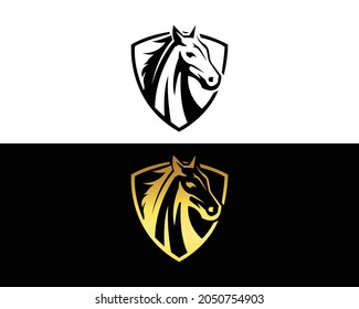 Horse Shield logo and icon design with gold and black colors template vector.