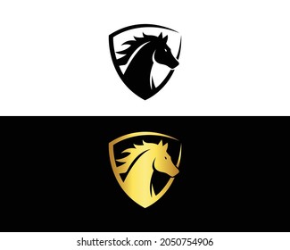 Horse Shield logo and icon design with gold and black colors template vector.