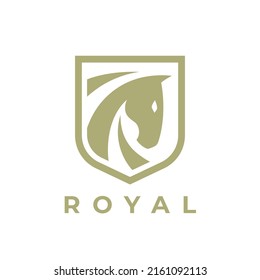 Horse shield logo. Stallion shield icon. Royal equine stables sign. Equestrian badge symbol. Vector illustration.