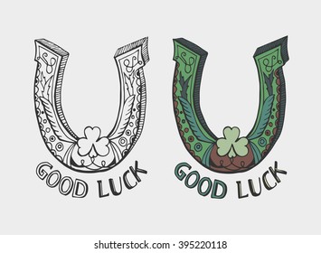 Horse shoe cute vector illustration. Hand drawn Good Luck sign. Beautiful sketch of a horseshoe with clover on the white background for print on T-shirt or poster. Luck and happiness 