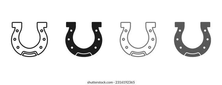 Horse Shoe, Hoof Line and Silhouette Icon Set. Good Luck in Casino, Playing Gambling Games. Jackpot Talisman. Lucky Fortune Sign. Horseshoe Symbol Collection. Isolated Vector Illustration.