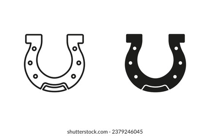 Horse Shoe, Hoof Line and Silhouette Black Icon Set. Lucky Fortune Sign. Good Luck in Casino, Playing in Gambling Games. Jackpot Talisman. Horseshoe Symbol. Isolated Vector Illustration.