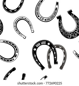 Horse Shoe Icon Seamless Pattern. Lucky Steel Horseshoes Background. Good Luck Symbol Wallpaper