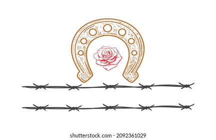 Horse Shoe With Rose Flower And Wire Logo Vector Design