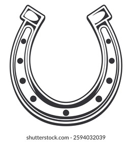 Horse shoe silhouette isolated on a white background, lucky horseshoe icon representing good fortune, equestrian symbol, blacksmithing, horse riding, and Western culture vector illustration design.