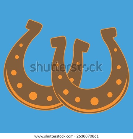 Horse shoes brown vector drawing on a blue background. A horseshoe for good luck, a festive symbol of Patrick's Day.
