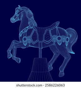 A horse is shown in a blue color with a saddle on its back. The horse is standing on a pole and he is in motion. The image has a futuristic and artistic feel to it, with the horse's design