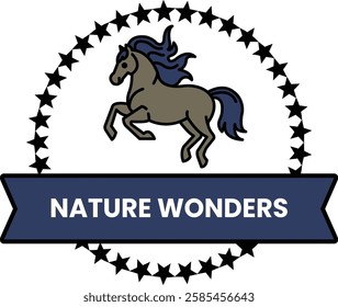 A horse is shown in the center of a circle in the style of sign illustrations
