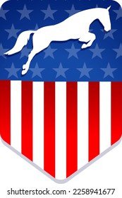 Horse silhouette with American flag in the background. Logo for equestrian sport from USA. Horseback Riding vector illustration.