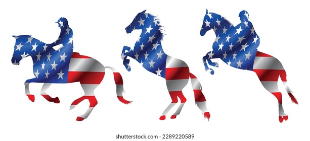 Horse silhouette with American flag, USA Hippodrome racing, gallop - vector illustration isolated on white