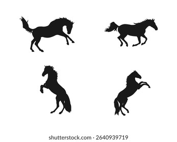 Horse silhouette. Animal symbol. A stallion pictogram and flat vector sign are isolated on a white background. A set of high, detailed horse silhouettes.
