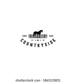 Horse Silhouette Behind Wooden Fence Paddock for Vintage Retro Rustic Countryside Western Country Farm Ranch Logo Design