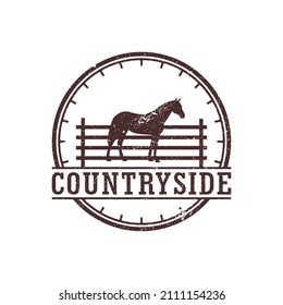 Horse silhouette behind wooden fence paddock for vintage retro rustic countryside western country farm ranch logo design