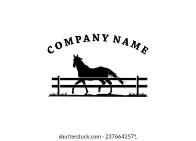 Horse silhouette behind wooden fence paddock for countryside western country farm ranch logo design