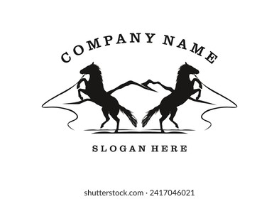 Horse silhouette behind wooden fence paddock for vintage retro rustic countryside western country farm ranch logo design