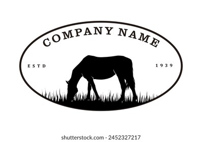 Horse silhouette behind wooden fence paddock for countryside western country farm ranch logo design