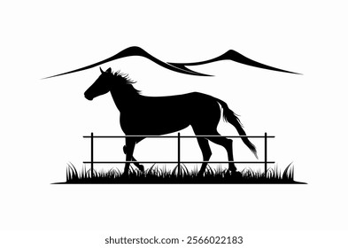 Horse silhouette behind wooden fence paddock for countryside western country farm ranch logo design