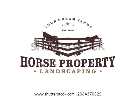 Horse silhouette behind wooden fence paddock for vintage retro rustic countryside western country farm ranch logo design