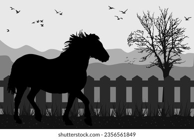 Horse silhouette by wooden fence. Steed on meadow with paddock. Rustic countryside country farm background design. Farm animals concept. Stock vector illustration