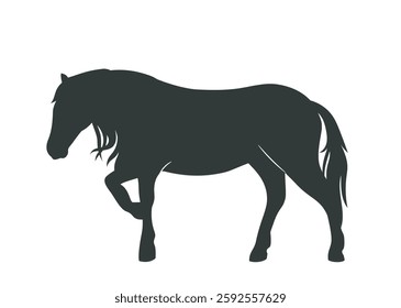 Horse silhouette. Dark or black icon with standing or grazing stallion. Wild Racehorse. Side view of beautiful animal or mammal. Flat vector illustration isolated on white background