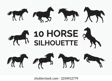 Diseño de silueta de caballo sobre un fondo blanco. Colección vectorial de silueta de caballo realista para uso personal. Caballeros oscuros en diferentes diseños de posición. Caballos corriendo, saltando y vectores de pie.