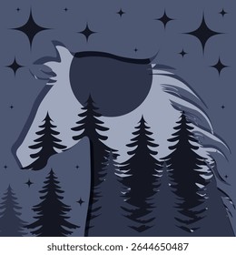 Horse silhouette with forest moon and stars inside. Modern cut out paper art. Interior wall poster. Vector illustration for living room art. EPS 10