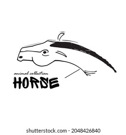 Horse silhouette. Horse head and neck. Wild animal sketch. Farm animal. Ink drawing