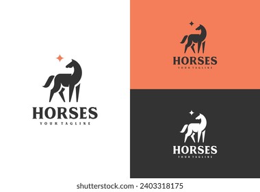 horse silhouette logo, horse logo simple elegant and clean vector illustration design looking at the stars like a dream