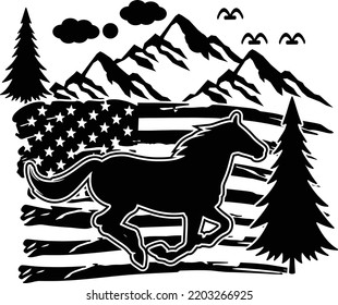Horse Silhouette with Mountain  American Flag Distressed
