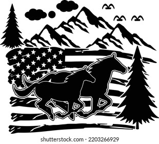 Horse Silhouette with Mountain  American Flag Distressed