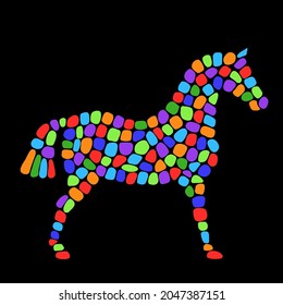 Horse silhouette with multicolor mosaic tile. Ornamental decorative ethnic vivid color figure shape. Vector hand drawn equestrian logo on black. 