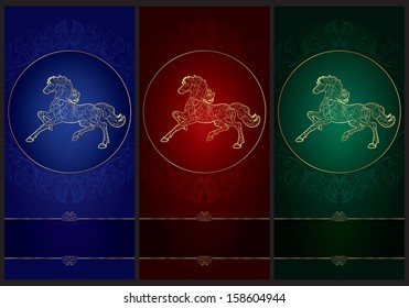 Horse silhouette on floral background, vintage set, vector illustration	