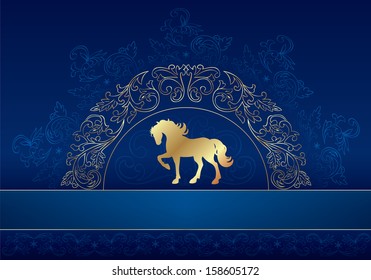 Horse silhouette on vintage floral background, vector illustration