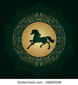 Horse silhouette on vintage floral background, vector illustration