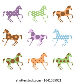 Horse silhouette with polka dot pattern set. Сolorful funny handmade craft style. Vector abstract. Equestrian cute retro design ornament.