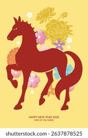 Horse silhouette poster with flowers background 2026 card. Lunar new year 2026 poster vector illustration.